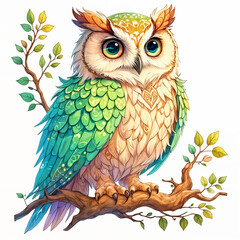 Fototapeta premium A colorful owl perched on a branch with leaves. The owl has large, round eyes.