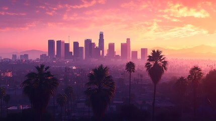 Trees and buildings against sky during sunset, Los Angeles, California, United States, USA