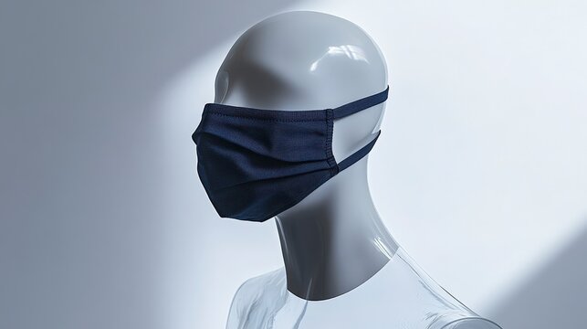 Stylish Navy Blue Fabric Face Mask on Transparent Mannequin in White Studio Setting Captured with Lyca Camera