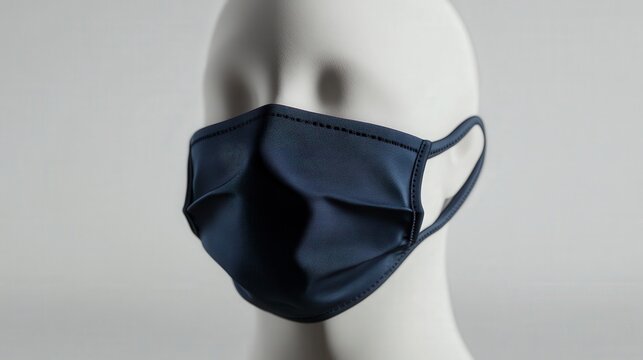 Stylish Navy Blue Fabric Face Mask on Transparent Mannequin at 45-Degree Angle with White Studio Background, High-Resolution Detail Shot