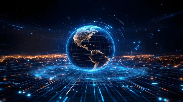 A vibrant digital representation of Earth surrounded by glowing data streams, symbolizing technology and global connectivity.