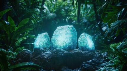 Glowing turquoise rocks in lush tropical jungle