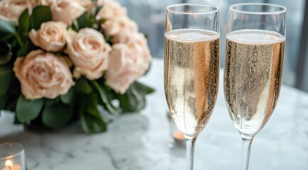 Champagne glasses and rose bouquet on marble table