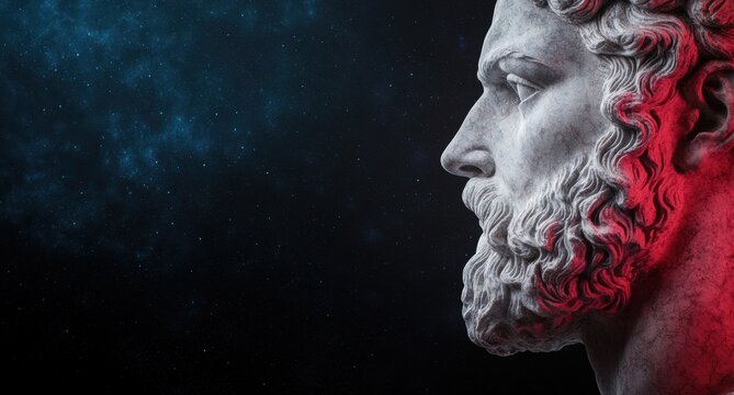 Dramatic portrait of a pensive figure against a starry night sky