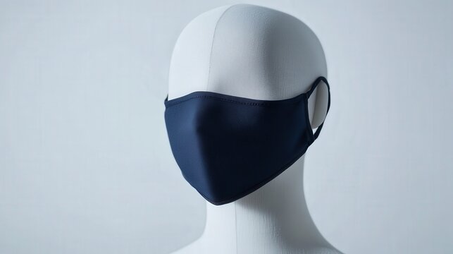 Elegant Navy Blue Fabric Face Mask Displayed on Transparent Mannequin Against White Background - Detailed Studio Shot with Lyca Camera