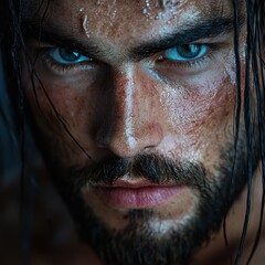 Obraz premium Close-up portrait of a rugged, weathered man with intense blue eyes