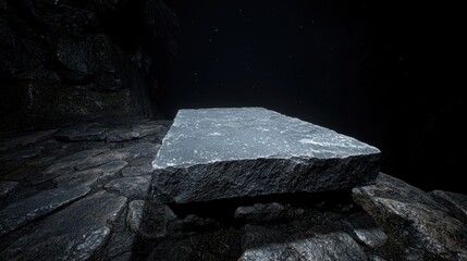 Serene night landscape with large rock formation in foreground
