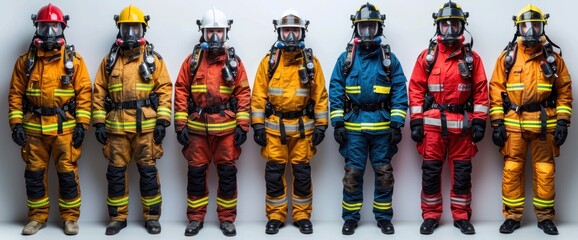 Naklejka premium A row of firefighters in various colored uniforms stand in a line