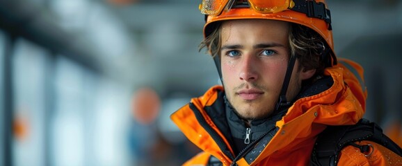 A man in an orange jacket and helmet is standing in front of a building
