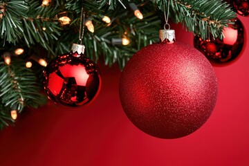 Festive Christmas ornaments hanging on tree