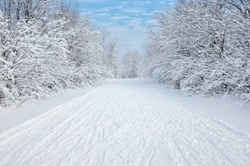 Obraz premium Snowy winter landscape with path through forest
