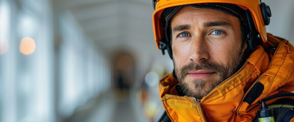 A man in an orange jacket and a yellow helmet is standing in a hallway