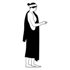Standing Ancient Greek woman in profile. Vase painting style. Black and white silhouette.