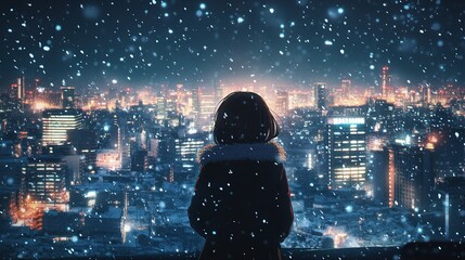 Lofi Cute Anime Girl Look at City with Snowy Snow Winter - Sad Moody Beautiful Woman with Cityscape
