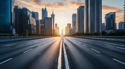Naklejka premium Urban Sunrise Over Empty City Highway with Modern Skyscrapers and Warm Sky