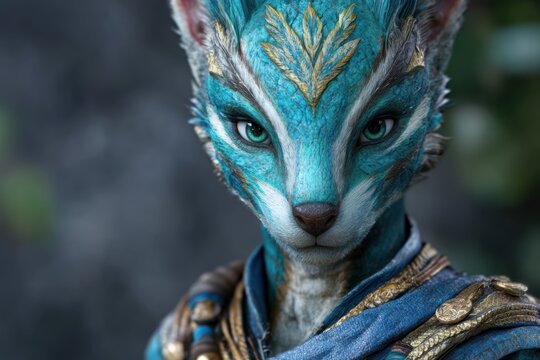 Mystical fantasy creature with vibrant blue and gold feathers