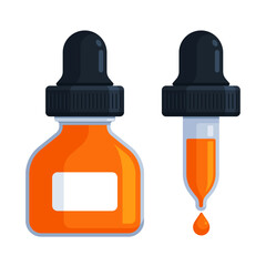 Orange dropper bottle with pipette and droplet. Flat vector illustration isolated on white background with copy space. Ink, dye, colorant, tincture, reagent, essential oil, serum concept
