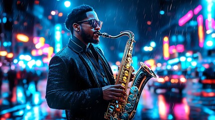 A saxophone player brings music to life under neon-lit city rain.