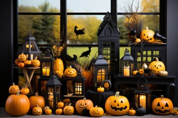 Festive halloween displays featuring colorful pumpkins and lively autumn leaves for storefronts