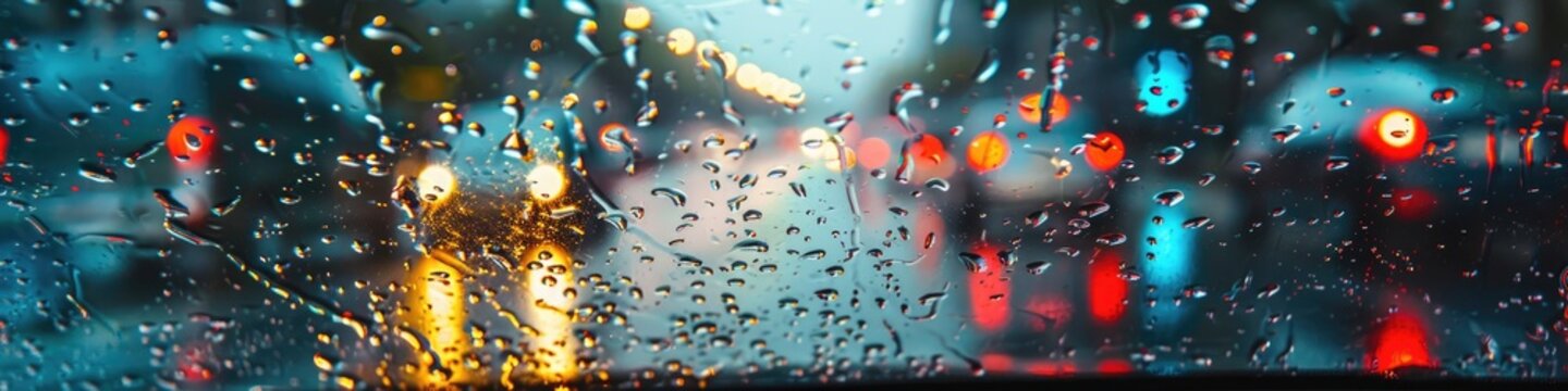 Close-up view of raindrops on a vehicle's windshield during a rain-soaked journey