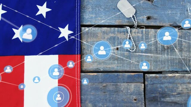 Animation of network of connections with icons and flag of usa over dog tag