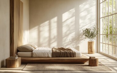 Calming Minimalist Bedroom with Low Bed, Wooden Side Table, and Natural Light