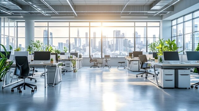 Bright, modern office space with large windows, greenery, and a stunning city skyline view, perfect for a productive work environment.