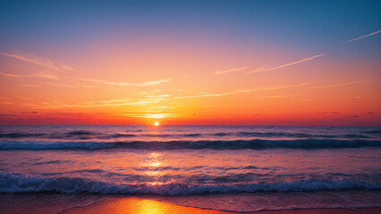 Fototapeta premium sunset, sea, sky, sun, water, ocean, sunrise, nature, clouds, cloud, beach, horizon, landscape, orange, reflection, evening, coast, dawn, waves, island, tropical, dusk, morning, light, lake