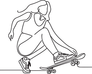 Minimalist Line Art of Young Woman Skateboarding on Clean White Background