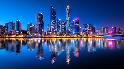 Fototapeta premium Night falls over a cityscape, skyscrapers and rivers mirroring each other in tranquil reflections.