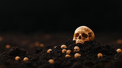 A haunting scene featuring a skull partially buried in dark soil, surrounded by smaller bones, evoking themes of mystery and the macabre.