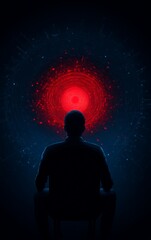 A silhouette of a person sitting and gazing at a vibrant red light, surrounded by cosmic patterns in a deep blue background.