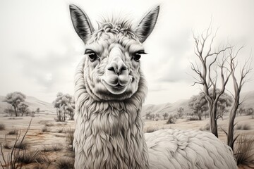 Obraz premium Elegant llama with soft fur surrounded by vibrant field flowers against a light background