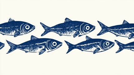 Tranquil Sardine Silhouettes: Linocut Style Graphic Art in Navy Blue on White Background