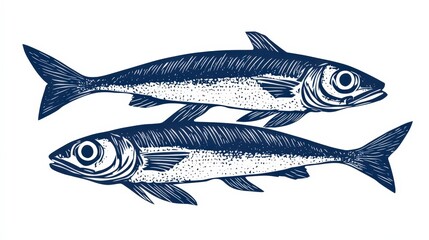 Underwater Elegance: Vectorized Linocut Sardines in Navy Blue Ink on White Background