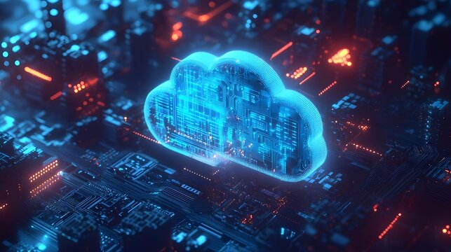 Futuristic cloud technology with glowing digital components, representing data storage and connectivity in a virtual environment.