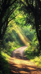 Obraz premium Sunlight filters through a dense canopy of lush green trees, casting golden rays onto a winding dirt path below. The path is bordered by vibrant greenery, creating a serene, almost magical atmosphere.