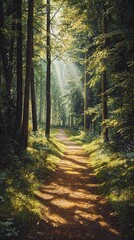 Fototapeta premium Dense forest with tall trees and abundant greenery illuminated by sunlight streaming through the canopy. A winding dirt path cuts through the forest floor, dappled with patches of light and shadow. Th
