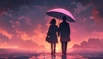 Serene Walk Under Umbrella, Raindrops Reflecting in Sunset, 4K Lofi Valentine's Day Loop