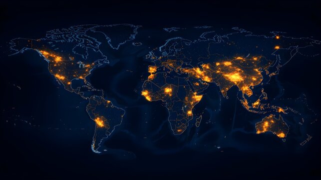 Illuminated world map showcasing urban areas at night, highlighting the impact of light on global population density.
