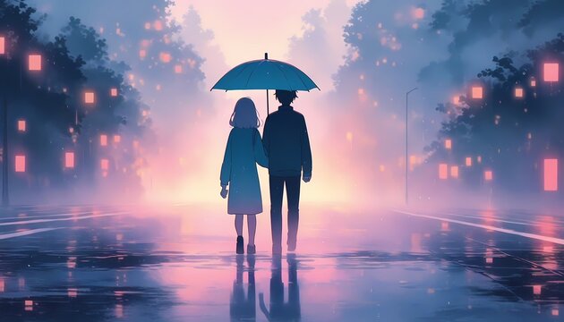 Soft Pastel Couple Walking Under Umbrella on Foggy Road, 4K Lofi Valentine's Animation Loop