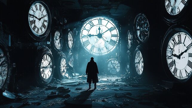 A dark, atmospheric scene featuring a lone figure standing in a dilapidated space filled with large, broken clock faces on the walls. The dominant color is a cold blue, creating an eerie, mystical amb