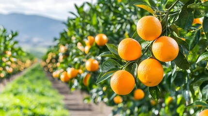 Vibrant citrus orchard with ripe oranges hanging from lush green trees under a bright sky.