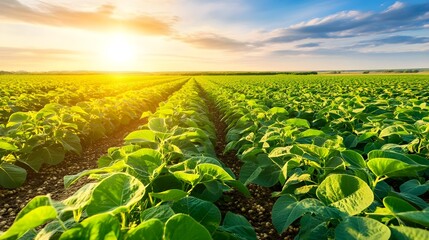 Vibrant green crops stretch across the field under a radiant sunrise, symbolizing growth and agricultural beauty.