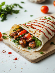 wrap food tortilla chicken salsa fresh vegetables herbs lunch dinner meal cuisine healthy eating spicy savory gourmet grilled meat colorful ingredients mexican cuisine 
