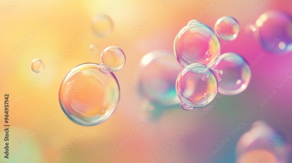 Poster colorful soap bubbles with soft focus, abstract background. playful and whimsical concept