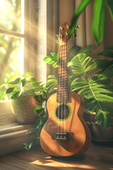Sunlit Harmony: A Charming Ukulele Bathed in Warm Light on a Vintage Wooden Table.