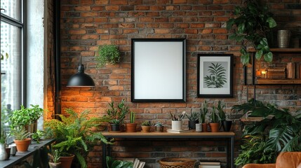 Modern loft interior with brick wall, plants, and a blank frame for mockup.