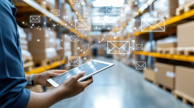 Man using digital tablet with email icons in warehouse