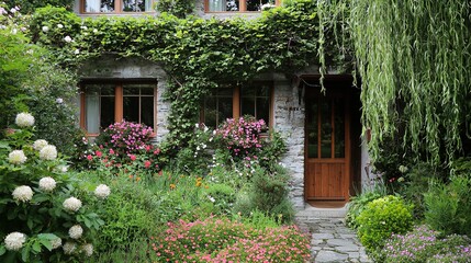 A picturesque stone cottage is adorned with lush, green foliage and vibrant flowering plants. The front of the cottage features a wooden door and windows framed by ivy and vines, giving it a charming,